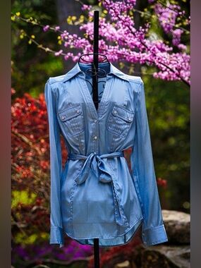 Gray Blue Long Sleeve Tie-Front Button Down Shirt